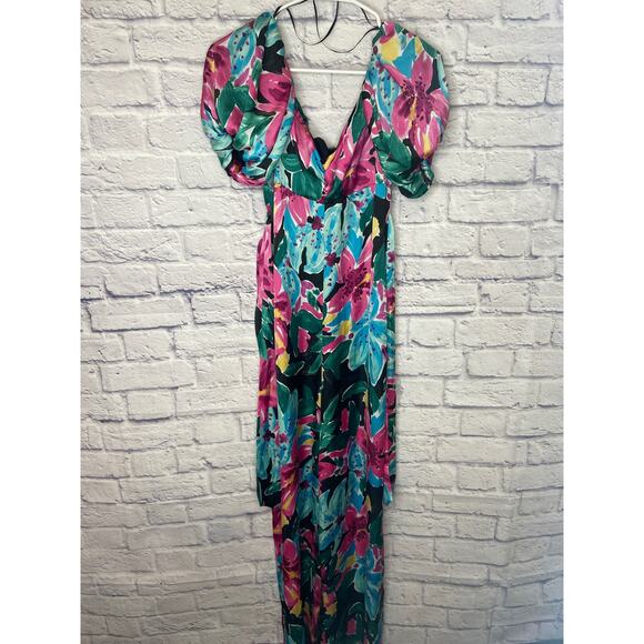 Zara Floral Multicolor Silky 1-Piece Pants Romper Short Sleeved Tie Belt Medium - Picture 1 of 4